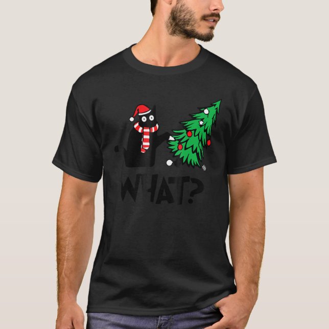 Camiseta Gato Preto Empurrando Árvore De Natal Sobre Gato O (Frente)