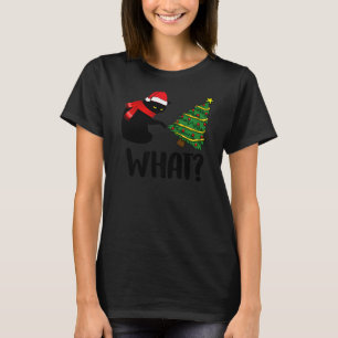 Camiseta Gato Preto Empurrando Árvore De Natal Sobre Gato Q