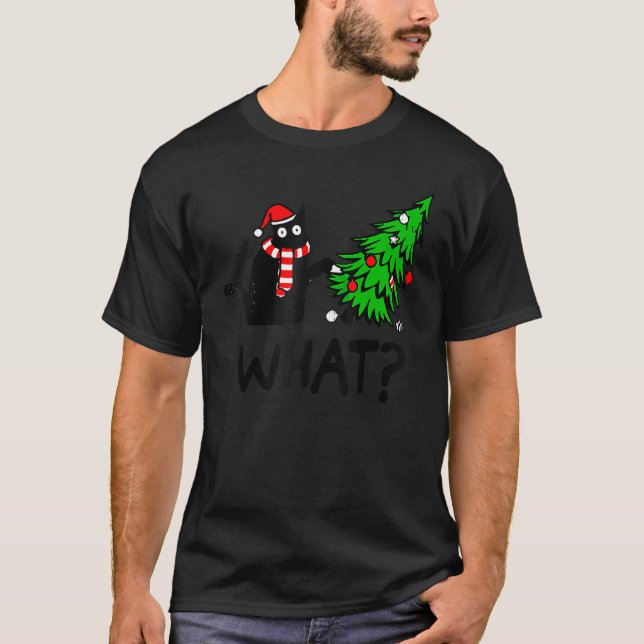 Camiseta Gato Preto Empurrando Árvore De Natal Sobre Gato Q (Frente)