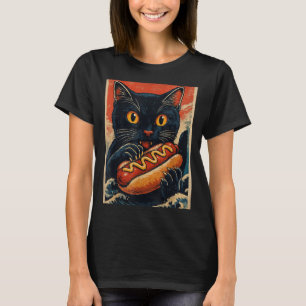 Camiseta Gato Preto Engraçado Comendo Cachorro Quente Japon