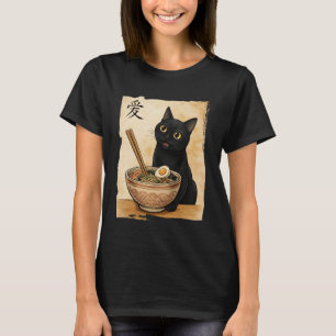 Camiseta Gato Preto Engraçado Comendo Ramen Japonês Kawaii