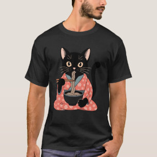 Camiseta Gato Preto Engraçado Comendo Ramen Japonês Vintage