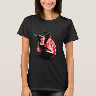 Camiseta Gato Preto Engraçado Comendo Ramen Japonês Vintage