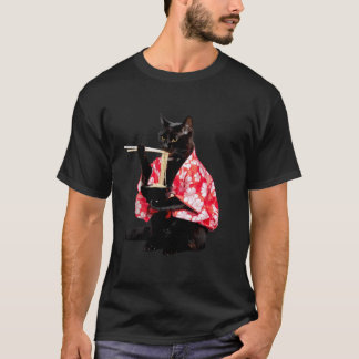 Camiseta Gato Preto Engraçado Comendo Ramen Japonês Vintage