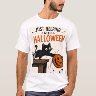 Camiseta Gato Preto Engraçado Derrubando Abóbora de Hallowe