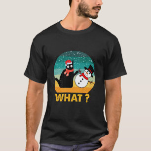 Camiseta Gato preto engraçado empurrando boneco de neve ret