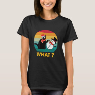 Camiseta Gato preto engraçado empurrando boneco de neve ret