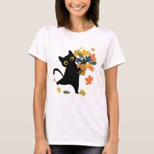 Camiseta gato preto engraçado Folha de Outono Olá Outono