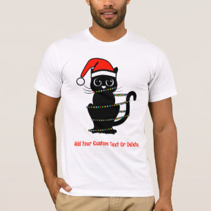 Camiseta Gato Preto Engraçado Luz de Natal Chapéu de Papai 