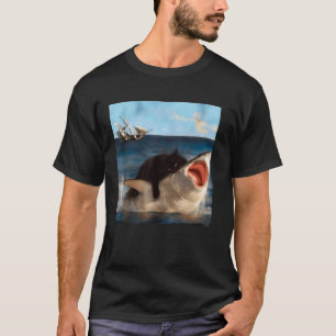 Camiseta Gato Preto Engraçado Montando um Tubarão em Batalh