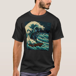 Camiseta Gato Preto Engraçado Pescando Ondas para Crianças,