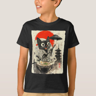 Camiseta Gato Preto Engraçado Ramen Alien Ufo Abdução Japon
