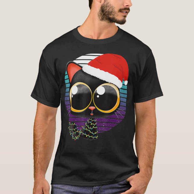 Camiseta Gato Preto Engraçado Tangido Em Luzes De Natal Com (Frente)