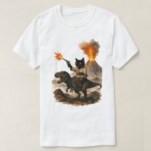 Camiseta Gato Preto Épico Cowboy Montando Dinossauro com Vu