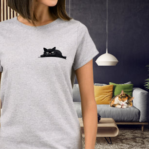Camiseta Gato Preto Espiando Design Minimalista Fofo
