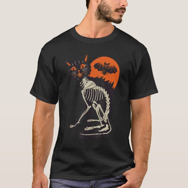 Camiseta Gato Preto Esqueleto Lua de Sangue Noites de Terro (Frente)