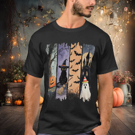 Camiseta Gato Preto, Fantasma, Abóbora, Morcegos e Casa Ass