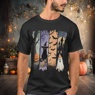 Camiseta Gato Preto, Fantasma, Abóbora, Morcegos e Casa Ass