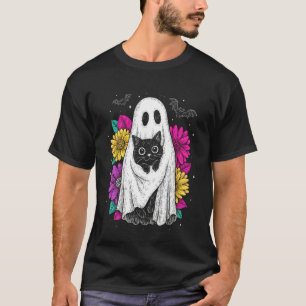 Camiseta Gato Preto Fantasma Assustador Floral de Halloween