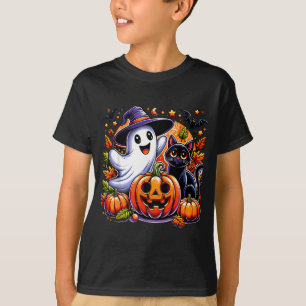 Camiseta Gato Preto Fantasma Bonito Abóbora de Halloween Es