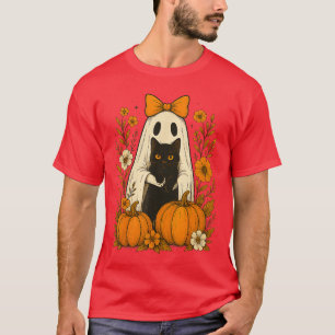 Camiseta Gato Preto Fantasma Fofo Abóbora de Halloween Flor
