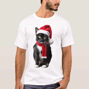 Camiseta Gato Preto Feio do Natal Chapéu e Cachecol de Papa