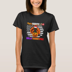 Camiseta Gato Preto Feliz Hallothanksmas Papai Noel Abóbora