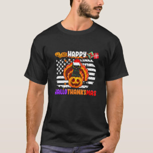 Camiseta Gato Preto Feliz Hallothanksmas Papai Noel Abóbora