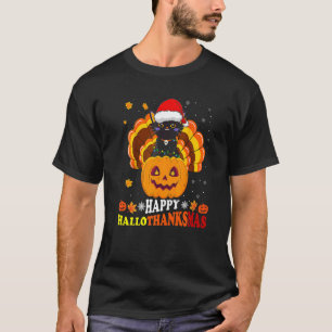 Camiseta Gato Preto Feliz Hallothanksmas Papai Noel Abóbora