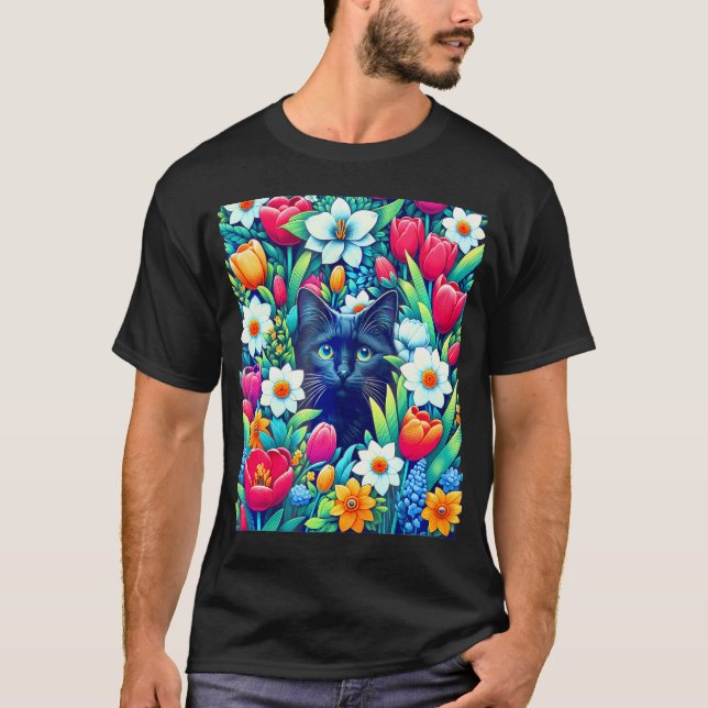 Camiseta Gato Preto Floral Cuja Boca Esconde-Se Na Flor Pri (Frente)