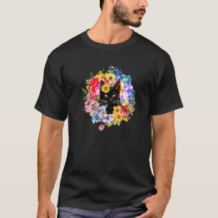 Camiseta Gato Preto Floral Flores da Primavera Fazenda Gati