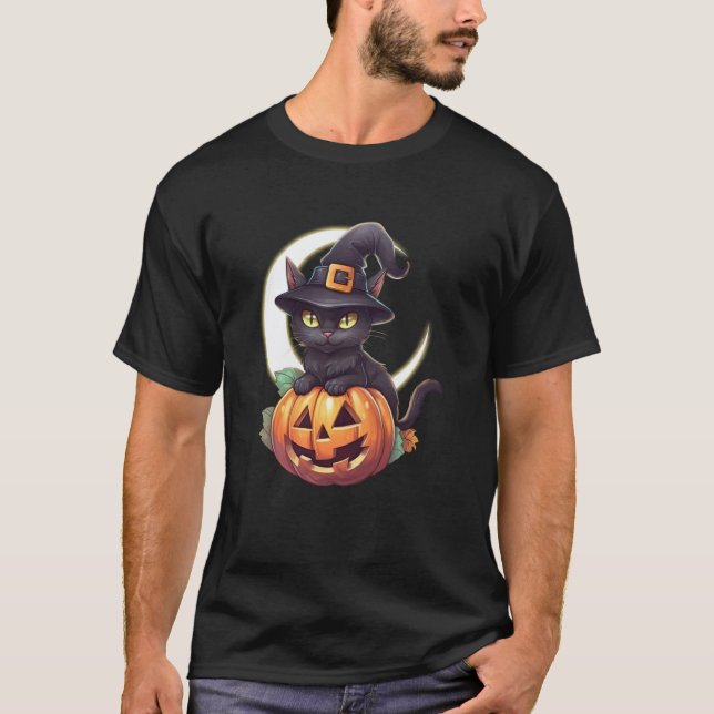 Camiseta Gato Preto Fofo Abóbora De Jack O'Lantern Lua Hall (Frente)