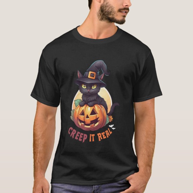Camiseta Gato Preto Fofo Abóbora Deixa Assustador Lua Cheia (Frente)