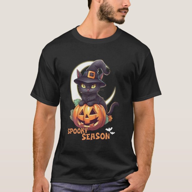 Camiseta Gato Preto Fofo Abóbora Estação Assustadora Lua Cr (Frente)