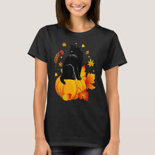 Camiseta Gato Preto Fofo Abóbora Folhas de Outono Ação de G