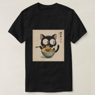 Camiseta Gato Preto Fofo Apreciando Macarrão Ramen