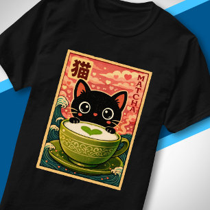 Camiseta Gato Preto Fofo Bebendo Matcha Chá Japonês Kawaii
