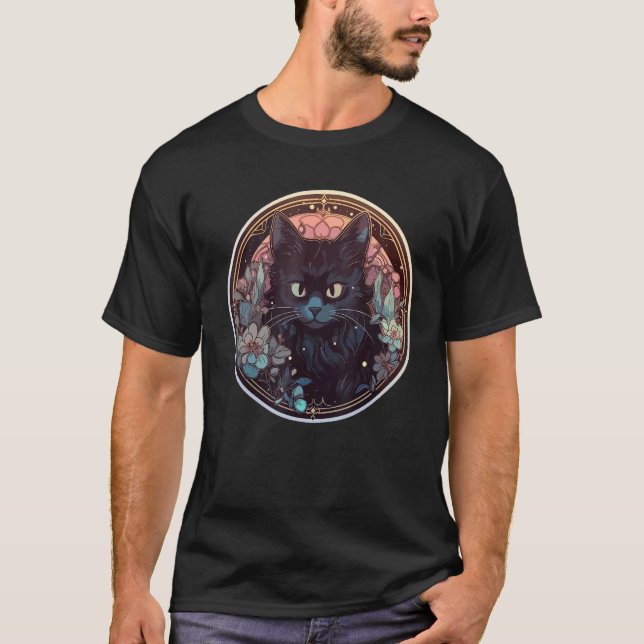 Camiseta Gato Preto Fofo Bruxa Espiritual Lua Pastel (Frente)