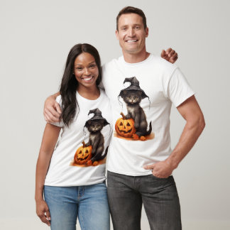 Camiseta Gato Preto Fofo Chapéu de Bruxa Abóbora Fantasia d