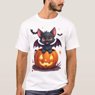 Camiseta Gato Preto Fofo Com Asas de Morcego Jack O Lantern