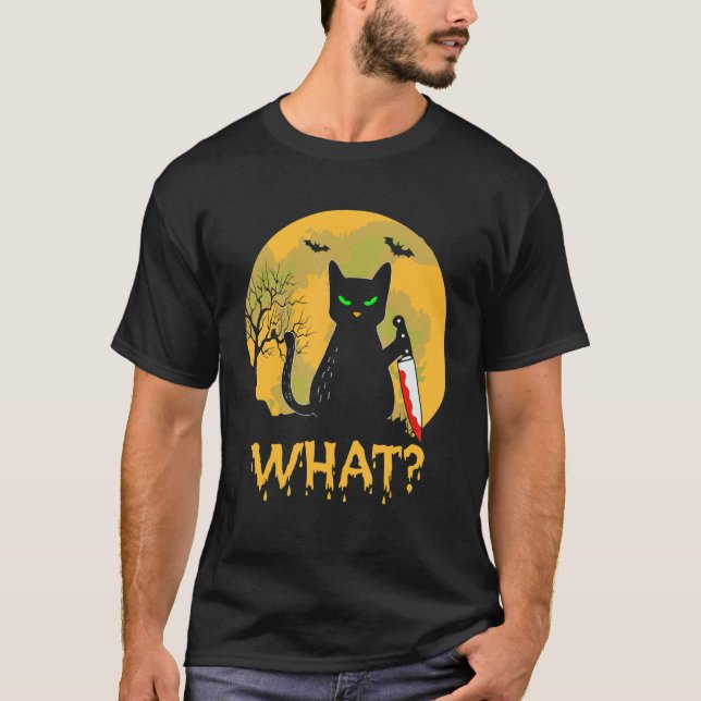 Camiseta Gato Preto Fofo Com Faca Sangrenta Fantasia de Lua (Frente)