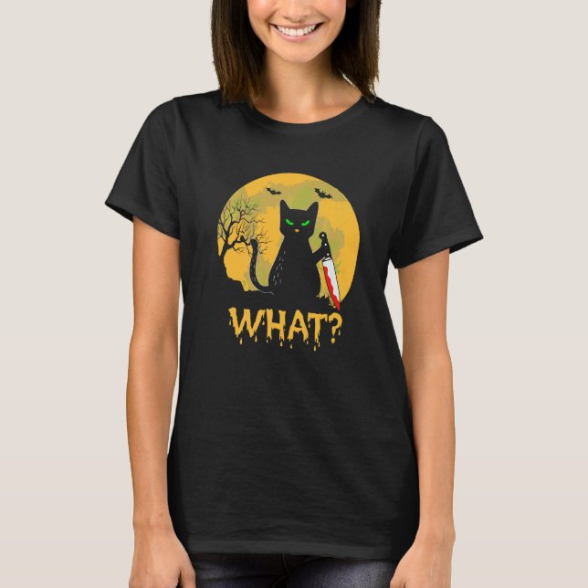Camiseta Gato Preto Fofo Com Faca Sangrenta Fantasia Lua Ch (Frente)