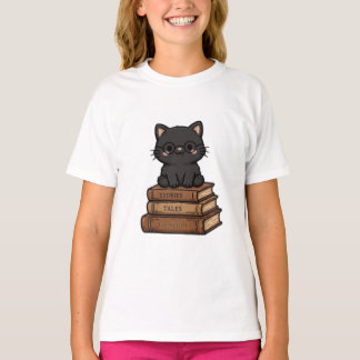 Camiseta Gato Preto Fofo Com Óculos Em Livros - Amante De L