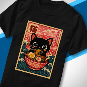 Camiseta Gato Preto Fofo Comendo Ramen Coração Japonês Kawa