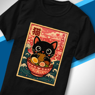 Camiseta Gato Preto Fofo Comendo Ramen Kawaii Amor Japonês