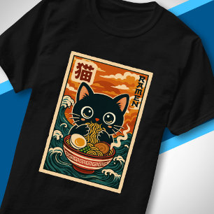 Camiseta Gato Preto Fofo Comendo Ramen Onda Japonesa Retro