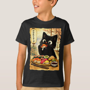 Camiseta Gato preto fofo comendo sushi comida japonesa kawa