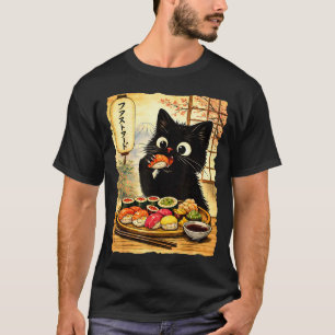 Camiseta Gato preto fofo comendo sushi comida japonesa kawa