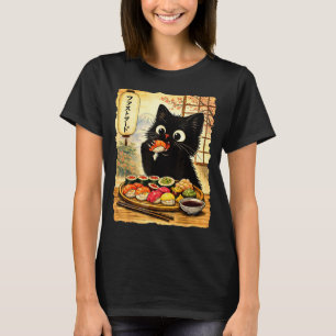 Camiseta Gato preto fofo comendo sushi comida japonesa kawa