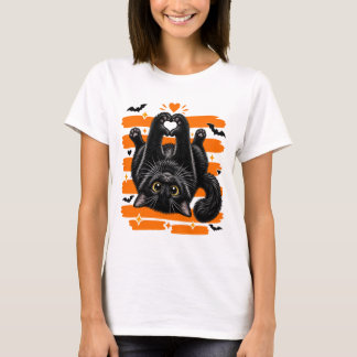 Camiseta Gato Preto Fofo Coração Patas Halloween